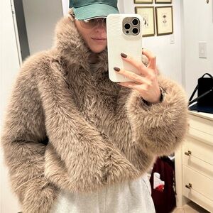 Frankie Shop Sabrina Faux Fur Jacket in Mocha